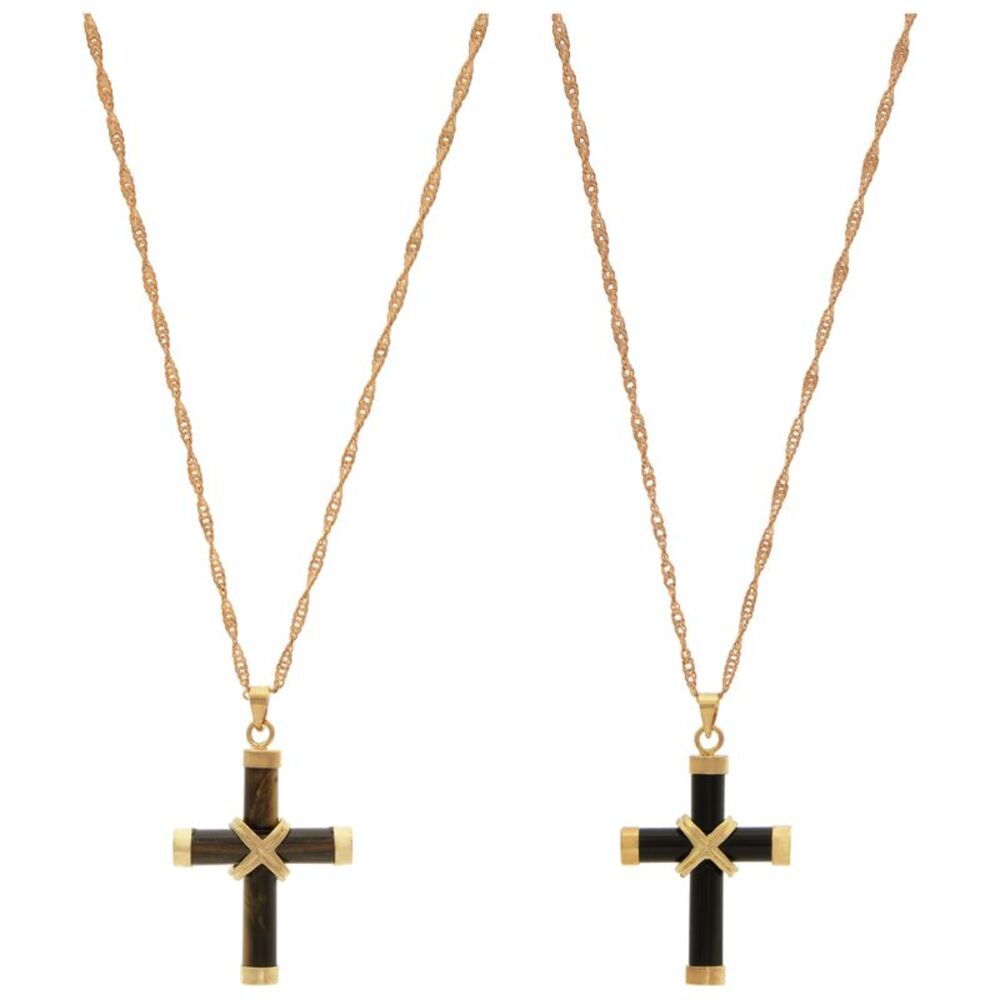 Genuine Tiger's Eye and Black Onyx Cross 2pc Pendant Necklace Set
